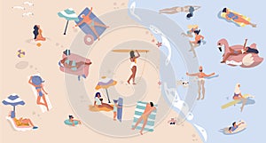 Summer beach with people. Men and women doing vacation activities, swimming lying and sitting cartoon characters. Vector