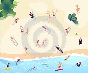 Summer beach people. Persons swim dive in sea relaxing sunbathing active family women men water games summer beach