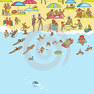 Summer beach. People relax, sunbathe, swim. Waves lapping on the