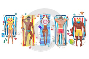 Summer beach people on sun lounger icons