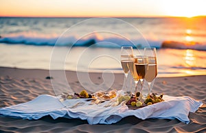 summer beach picnic at sunset. champagne in the glasses on sandy beach