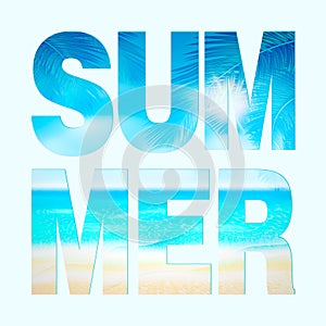 Summer beach Poster with sunshine, blue sea and cloudy sky. Vector