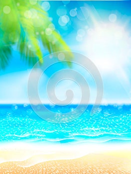 Summer beach Poster with sunshine, blue sea and cloudy sky. Vector