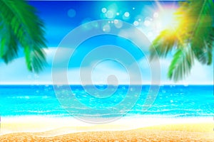 Summer beach Poster with sunshine, blue sea and cloudy sky. Vector