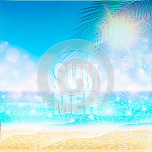 Summer beach Poster with sunshine, blue sea and cloudy sky. Vector