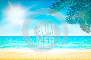 Summer beach Poster with sunshine, blue sea and cloudy sky. Vector