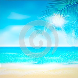 Summer beach Poster with sunshine, blue sea and cloudy sky. Vector
