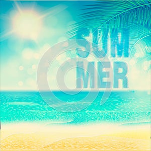 Summer beach Poster with sunshine, blue sea and cloudy sky. Vector