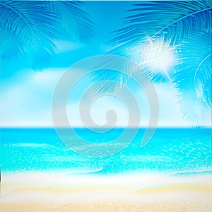 Summer beach Poster with sunshine, blue sea and cloudy sky. Vector