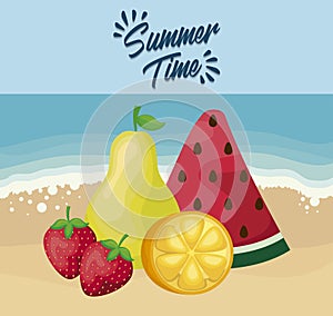 summer beach poster with watermelon and fruits photo