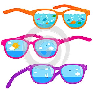 Summer beach reflected in colorful sunglasses. Vector illustration.