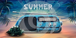 Summer beach with retro radio receiver and turtle listening music over sea and palm trees background. Night party season poster
