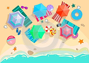 Summer beach with sand, sea waves, umbrellas, sun beds. Top view seaside resort. Vector illustration