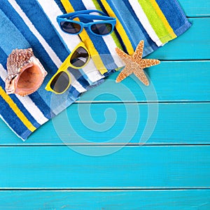 Summer beach scene blue wood deck sunglasses starfish