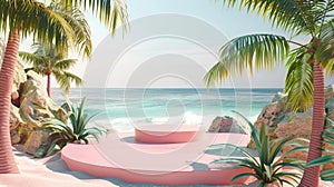 A summer beach scene with a podium background. This is a 3D rendering.