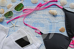 Summer beach sea concept. Blue Wooden background with different accessories, shells, starfish, sunglasses, swimsuite