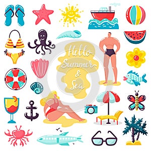 Summer beach sea holidays vector illustrations, people in summer vacation isolated icons set