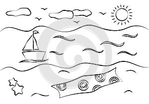 Summer beach, sea and sailboat child`s drawing. Summer item doodle.