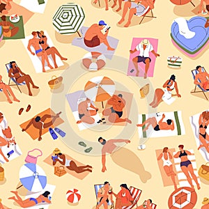 Summer beach, seamless pattern. People relaxing, sunbathing on sand, sea resort on holiday, vacation. Endless background