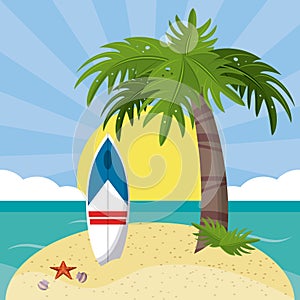 Summer beach in the seashore with surfboard and palm tree.