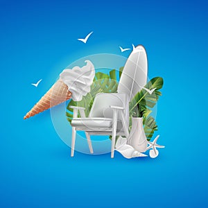 Summer beach set, 3d vector icon. Realistic soft ice cream waffle cone. Soft serve ice cream, 3d vector american sundae