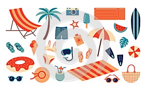 Summer beach set. Cartoon sea and ocean recreation attributes, parasol sunglasses ball slippers and towels. Vector