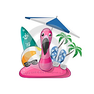 Summer beach set with flamingo swim ring beach ball surfboard flip flops sunglases parasol photo