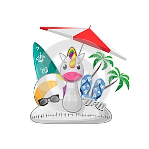 Summer beach set with unicorn swim ring beach ball surfboard flip flops sunglases parasol