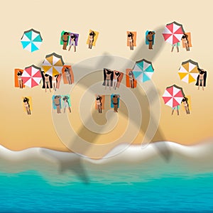 Summer beach with sunbathing people