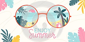 Summer beach sunglass, reflection beach vacation. Traveller cartoon poster with palm tree, ocean and sand. Racy vector