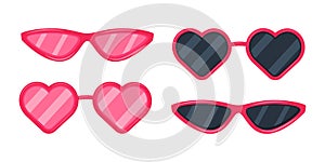 Summer beach sunglasses with pink and black glasses in a classic frame and a heart-shaped frame. Vector illustration in