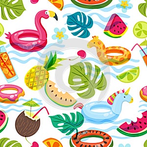 Summer beach or swimming pool seamless pattern. Vector doodle illustration of inflatable kids toys, fruits, cocktails