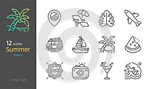 Summer beach thin linear icon set