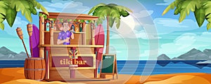 Summer beach with tiki bar and barman in cartoon style