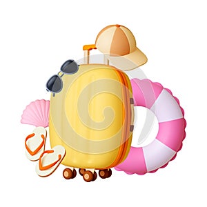 Summer beach travel 3d render concept. Realistic plastic suitcase, slippers and sunglasses. Pink shell and inflatable