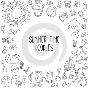 Summer beach travel sea vacation icons doodle frame border vector illustration