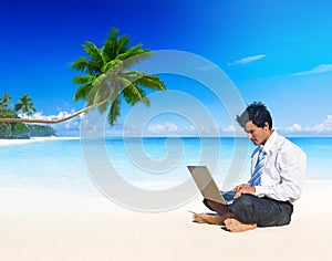 Summer Beach Traveling Businessman Working Concept