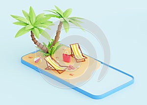 Summer beach vacation 3d render - cartoon tropical sandy island with palm trees and elements for coastal holiday.