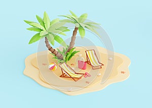 Summer beach vacation 3d render - cartoon tropical sandy island with palm trees and elements for coastal holiday.