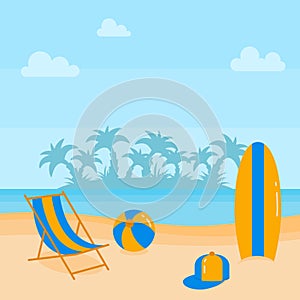 Summer beach vacation banner with lounge and holiday accessories on sand near water.