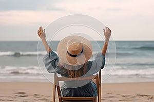 Summer beach vacation concept. Back view of woman in sun hat with rised hands on sunbed, neural network generated art