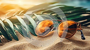 Summer, beach and vacation concept. Sunglasses and palm leaves