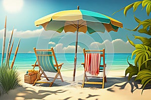 Summer beach vacation deck chairs, beach umbrella on the sand