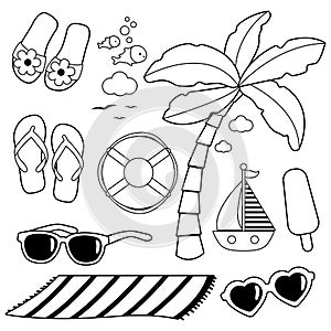 Summer beach vacation objects. Tropical sea holidays at the beach set. Vector black and white coloring page