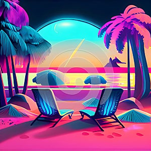 Summer beach vacation scene and neon color concept, Generative AI