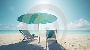 Summer beach vacation scene with two sun loungers and an umbrella