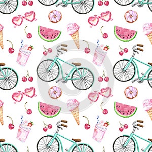 Summer beach vacation seamless pattern, watercolor watermelon slice, bike, sunglasses, ice cream, isolated. Tropical illustration