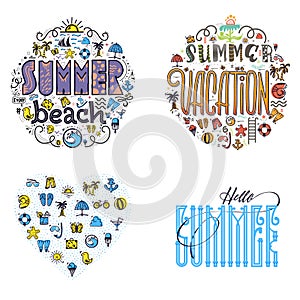 Summer beach and vacation Set of summer colored icons in the shape of a circle and heart, in a cartoon style doodle