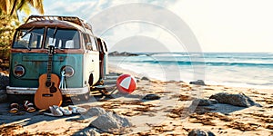 Summer Beach Vacation with Vintage Van, Surfboard, Guitar, Beach Ball, and Flip-Flops on Tropical Seaside