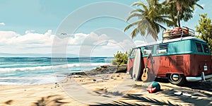 Summer Beach Vacation with Vintage Van, Surfboard, Guitar, Beach Ball, and Flip-Flops on Tropical Seaside